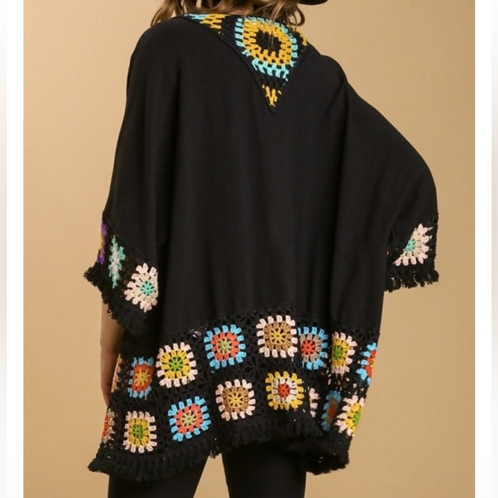 Umgee kimono Crochet Linen Blend Black Fringe multi color